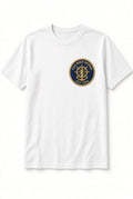 USA Boat Repair white t-shirt with gold embroidered nautical patch on navy background on left chest