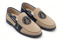 Boat Miami Repair nautical loafers in tan suede with navy trim and gold anchor charm
