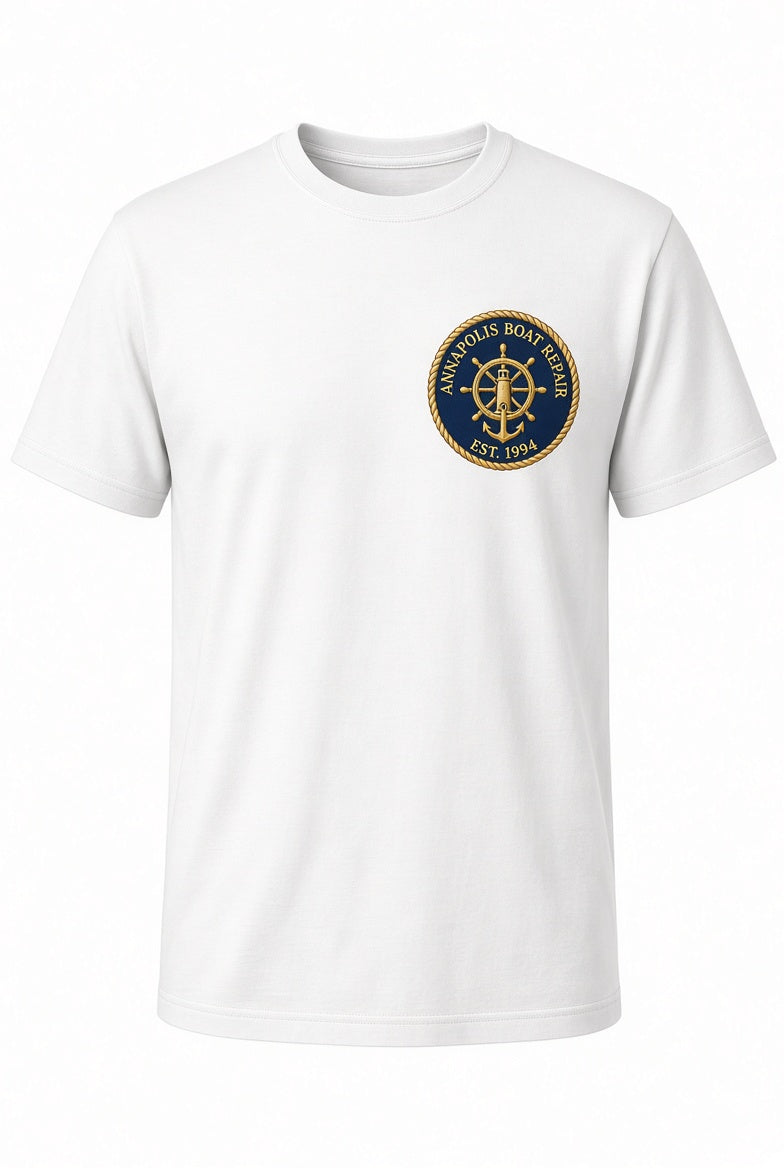 Annapolis Boat Repair white t-shirt with nautical embroidered patch on left chest