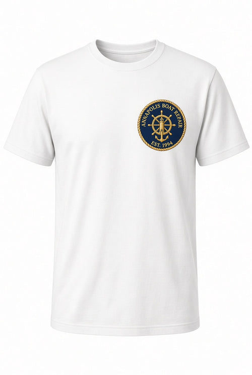 Annapolis Boat Repair white t-shirt with nautical embroidered patch on left chest