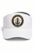 White Miami Boat Repair visor with embroidered navy and gold lighthouse and anchor crest