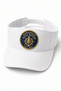 White Annapolis Boat Repair visor with embroidered navy and gold lighthouse crest