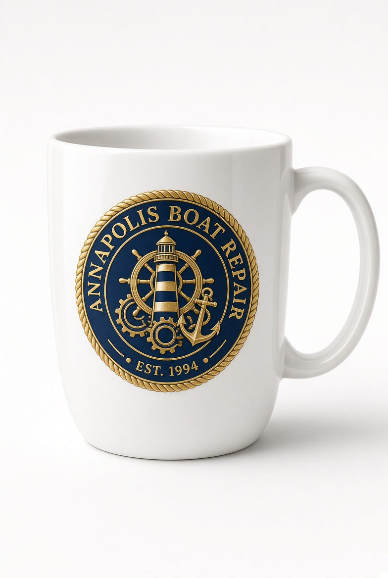 Annapolis Boat Repair nautical badge coffee mug in white