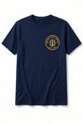 Boston Boat Repair navy t-shirt with gold embroidered nautical patch on left chest