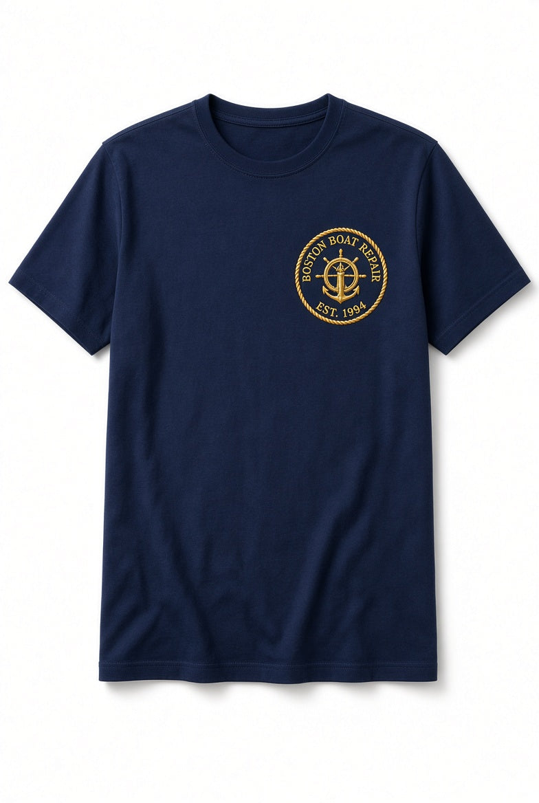 Boston Boat Repair navy t-shirt with gold embroidered nautical patch on left chest