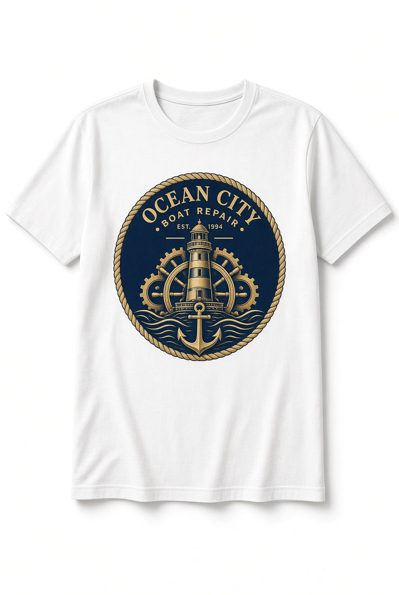 Ocean City Boat Repair nautical graphic t-shirt in white