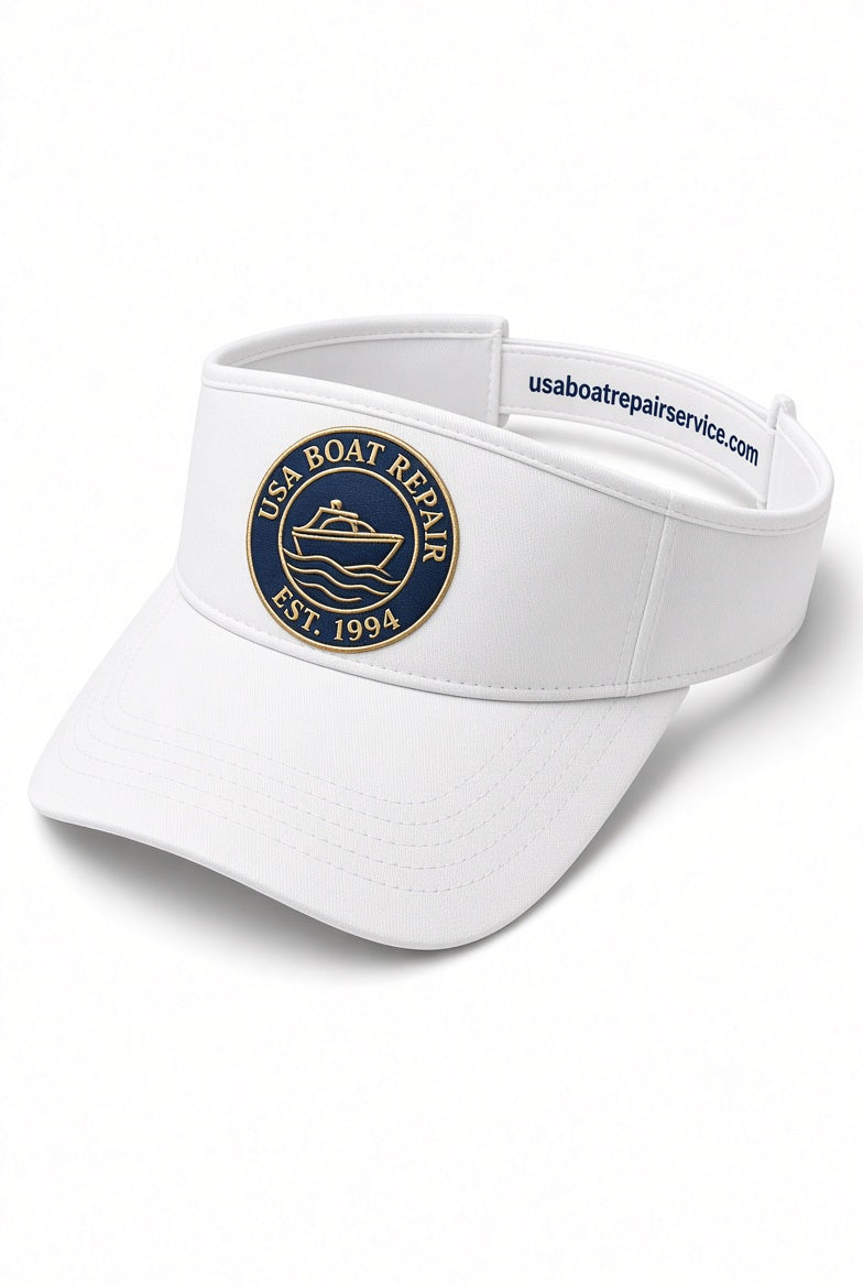 White USA Boat Repair visor with embroidered navy and gold speedboat crest