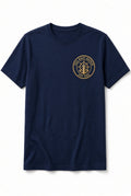 USA Boat Repair navy t-shirt with gold embroidered nautical patch on left chest