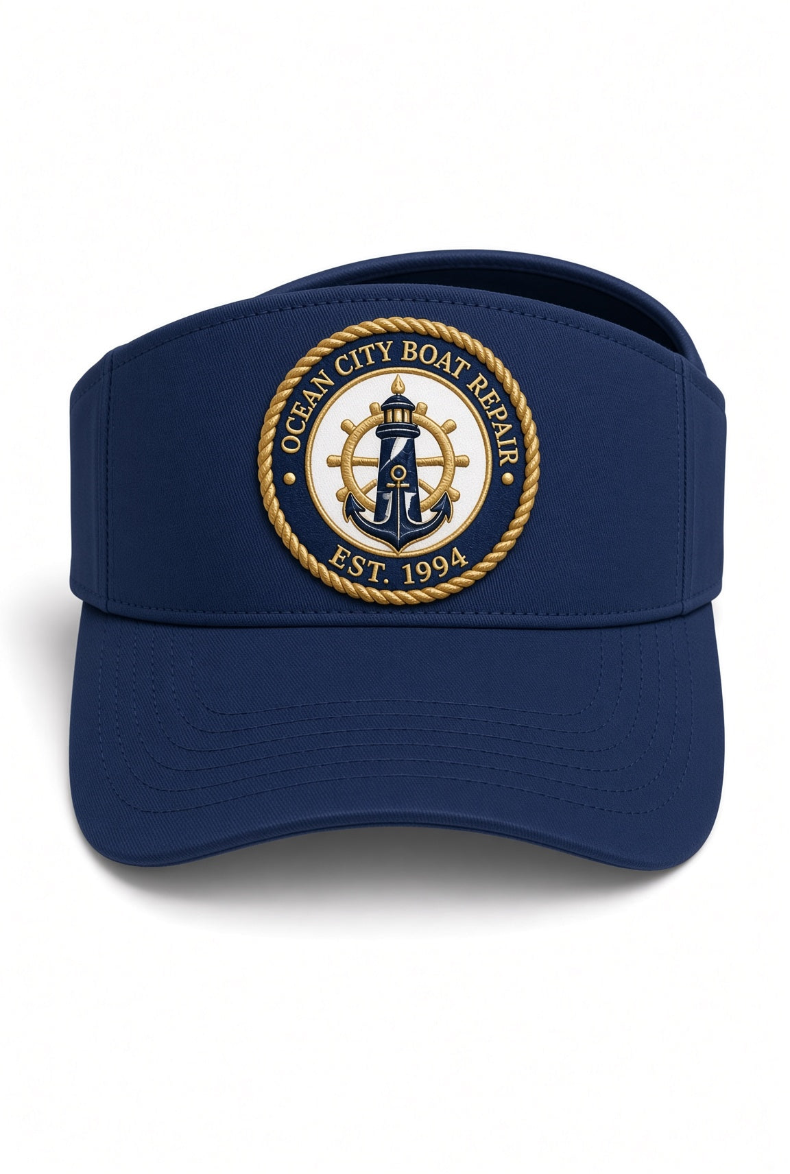 Ocean City Boat Repair navy visor cap with embroidered nautical patch