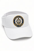 White Ocean City Boat Repair visor with embroidered lighthouse and ship wheel crest