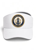 Jersey Shore Boat Repair white visor cap with embroidered nautical patch in navy and gold