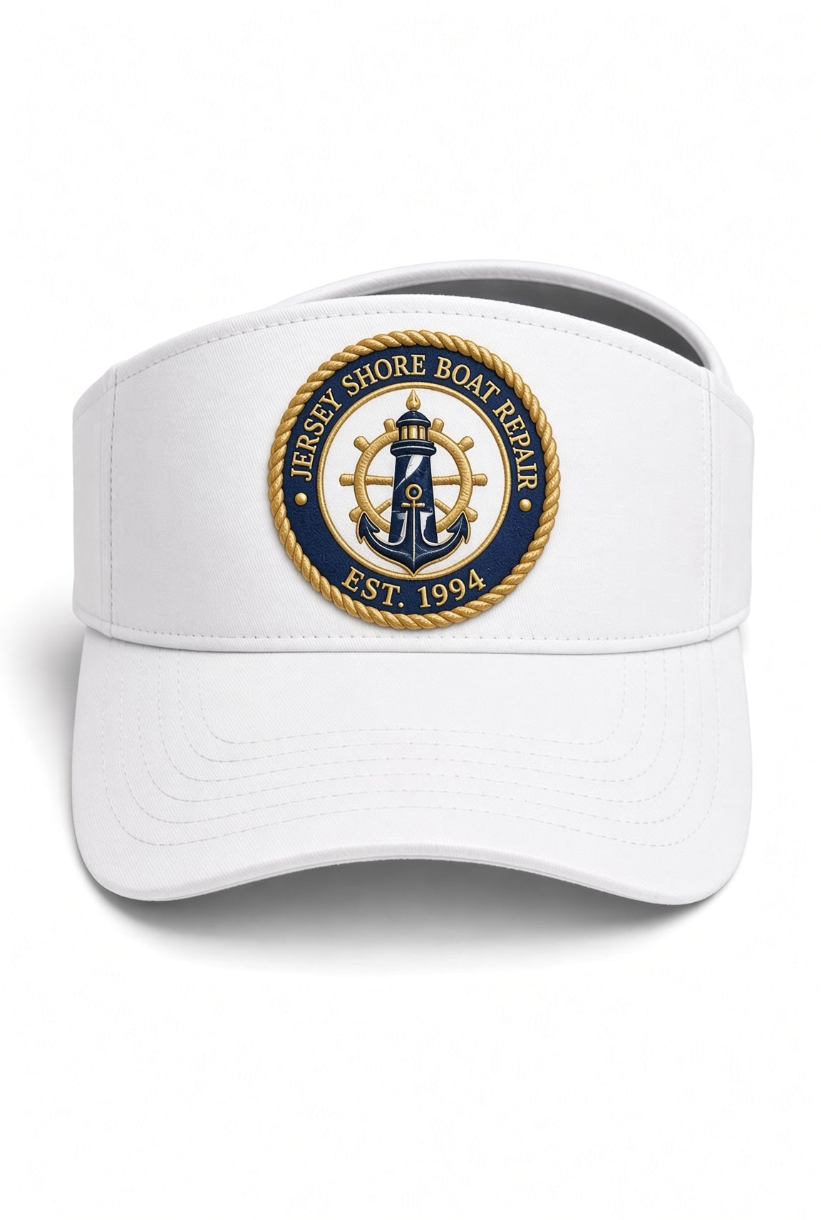 Jersey Shore Boat Repair white visor cap with embroidered nautical patch in navy and gold
