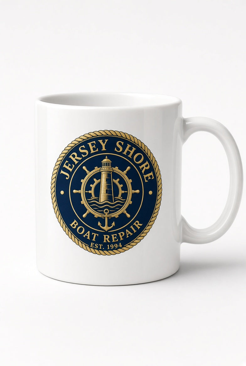 Jersey Shore Boat Repair nautical badge coffee mug in white