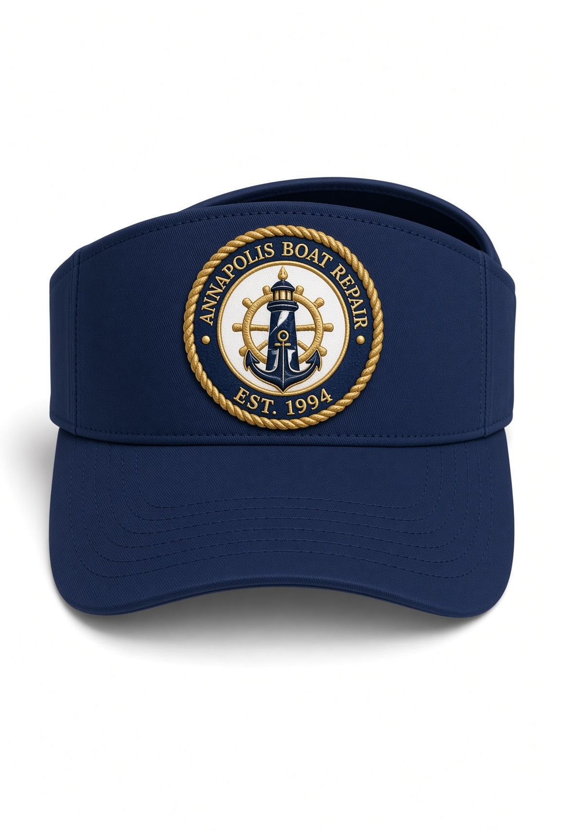 Annapolis Boat Repair navy visor cap with embroidered nautical patch in navy and gold