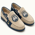 Annapolis Yacht Club sand suede loafers with navy trim and gold anchor charm