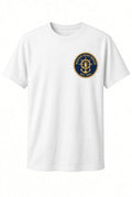 Boston Boat Repair white t-shirt with navy embroidered nautical patch on left chest
