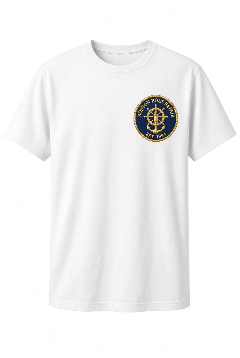 Boston Boat Repair white t-shirt with navy embroidered nautical patch on left chest