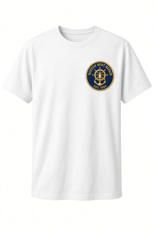 Boston Boat Repair white t-shirt with navy embroidered nautical patch on left chest