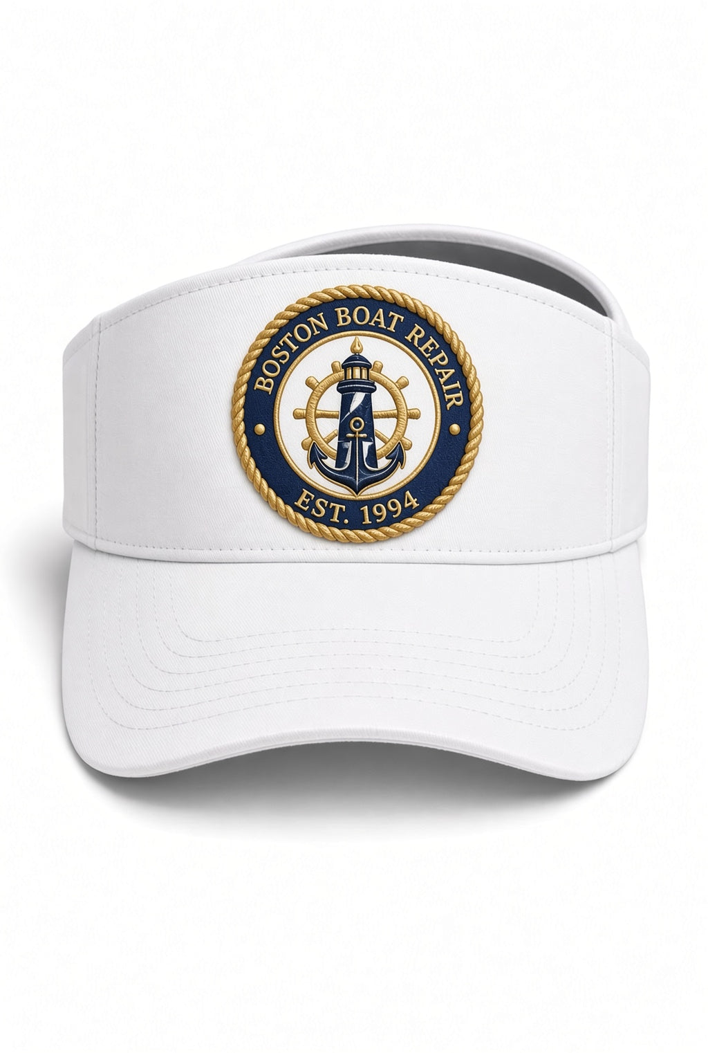 Boston Boat Repair white visor cap with embroidered nautical patch in navy and gold