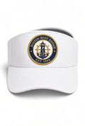 Boston Boat Repair white visor cap with embroidered nautical patch in navy and gold
