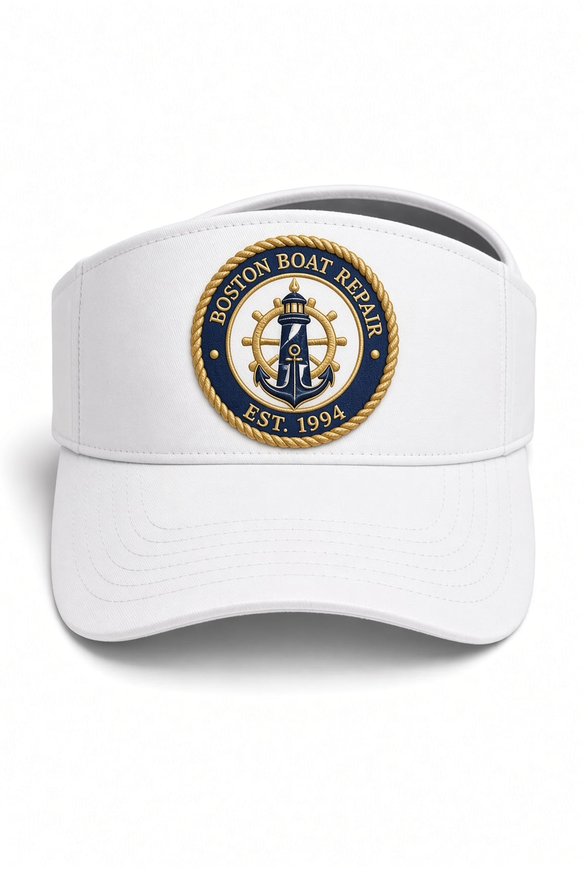 Boston Boat Repair white visor cap with embroidered nautical patch in navy and gold