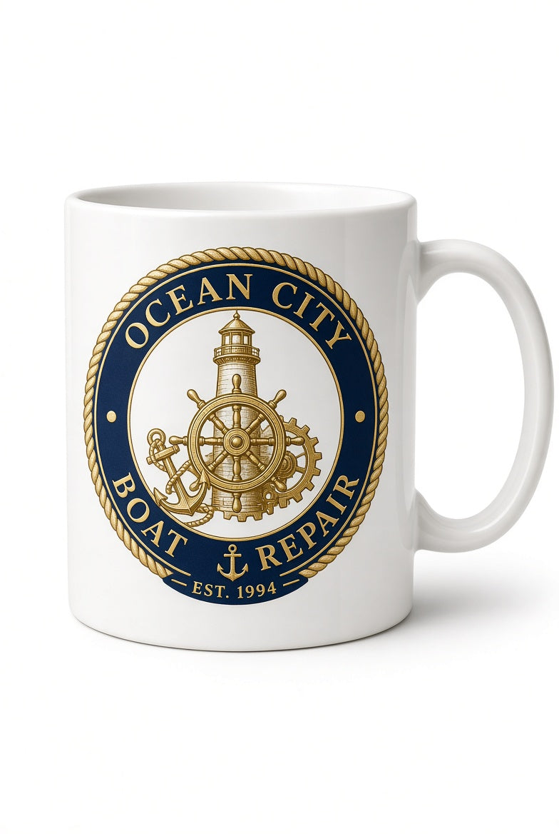 Ocean City Boat Repair nautical badge coffee mug in white
