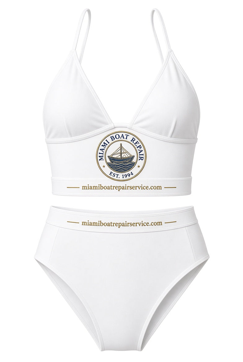 Nautical Branded Bikini – White Two-Piece Boat Swimsuit