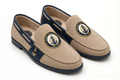 Miami Boat Repair nautical loafers in tan suede with navy trim and embroidered anchor patch