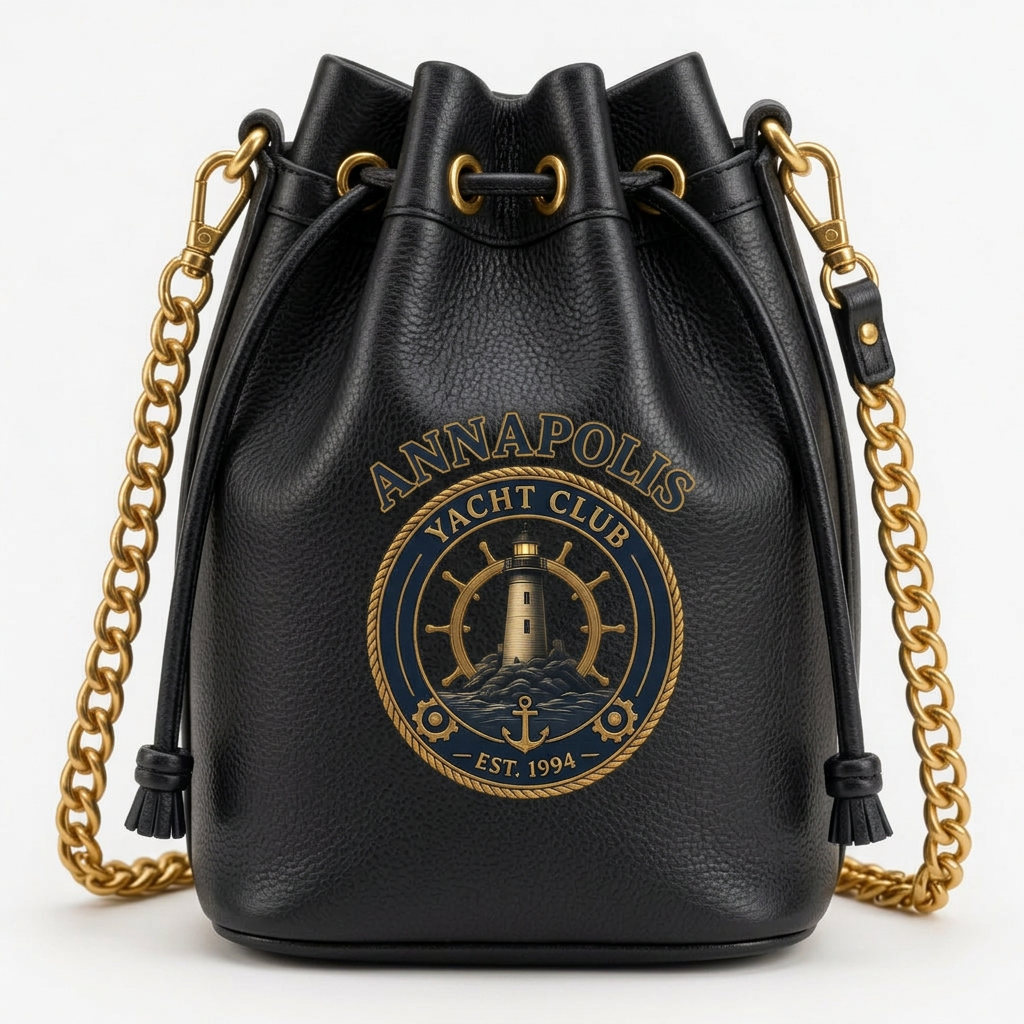 Gold Nautical Bucket Bag – Metallic Chain Crossbody – Black