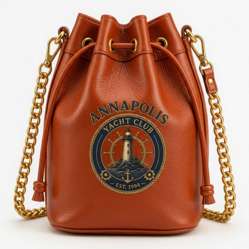 Gold Nautical Bucket Bag – Metallic Chain Crossbody – Burnt Orange