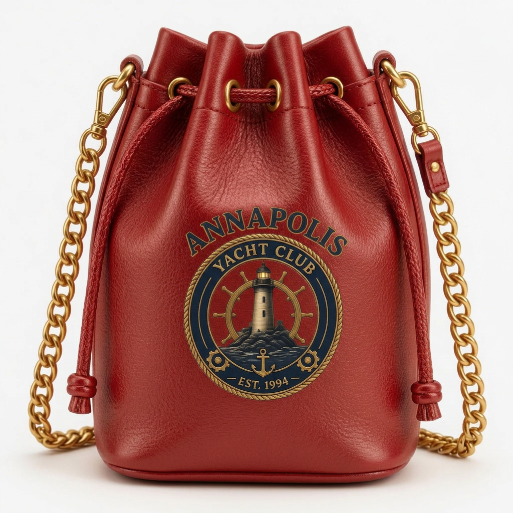 Gold Nautical Bucket Bag – Metallic Chain Crossbody – Red