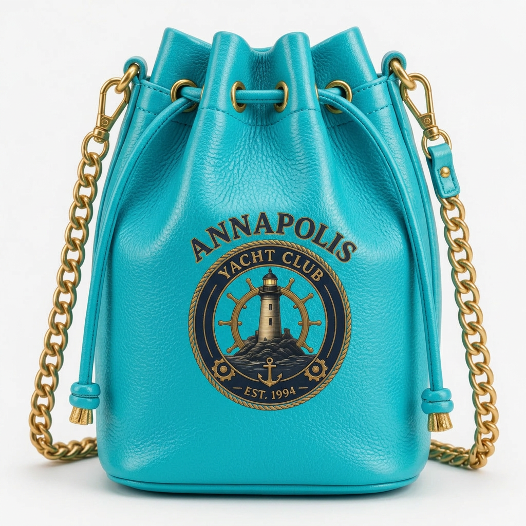 Gold Nautical Bucket Bag – Metallic Chain Crossbody – Turquoise