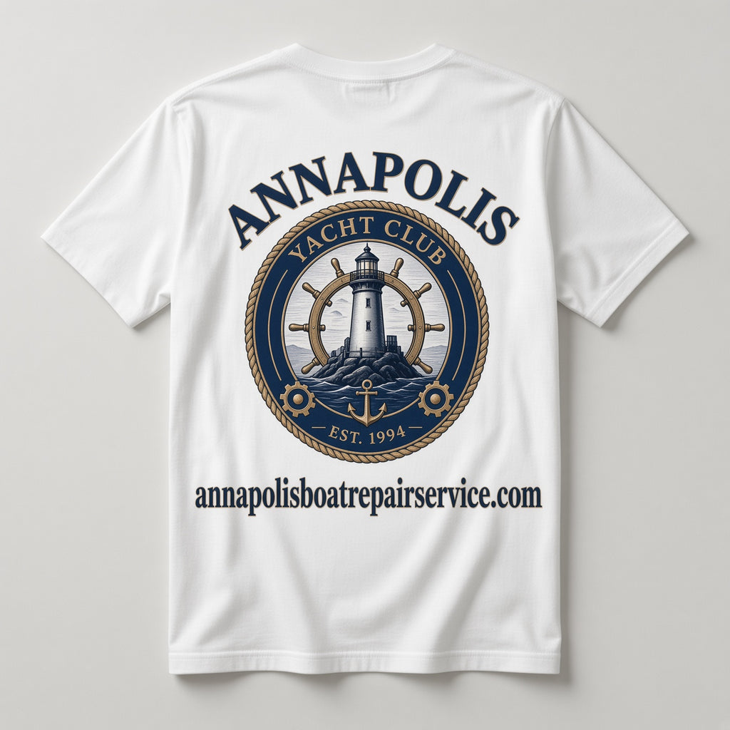 Annapolis Yacht Club white t-shirt back with large lighthouse ship's wheel graphic and annapolisboatrepairservice.com