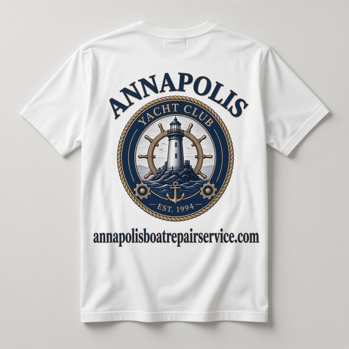 Annapolis Yacht Club white t-shirt back with large lighthouse ship's wheel graphic and annapolisboatrepairservice.com