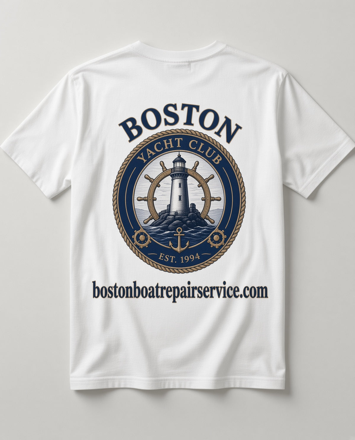 Boston Yacht Club Est. 1994 T-Shirt back graphic with bostonboatrepairservice.com