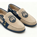 Boston Yacht Club Est. 1994 sand suede loafers with navy trim and gold anchor charm