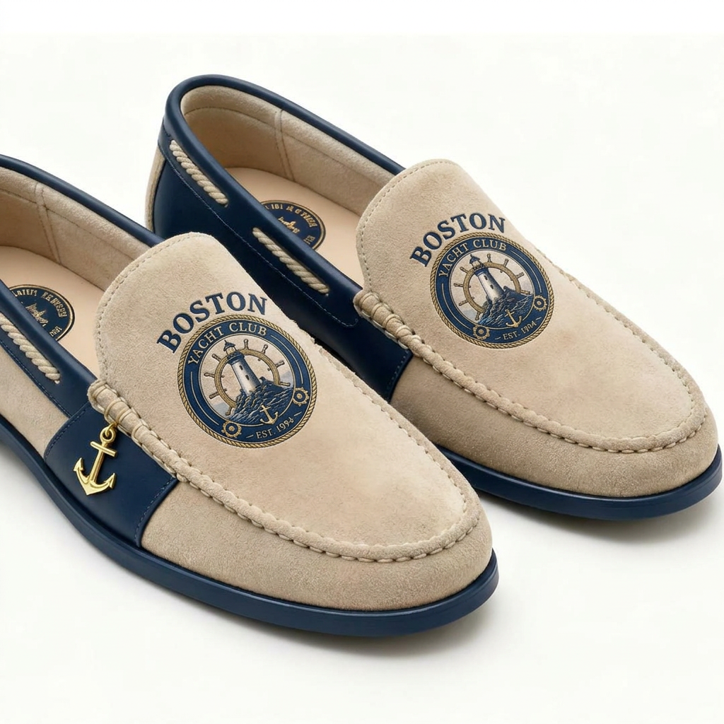 Boston Yacht Club Est. 1994 sand suede loafers with navy trim and gold anchor charm