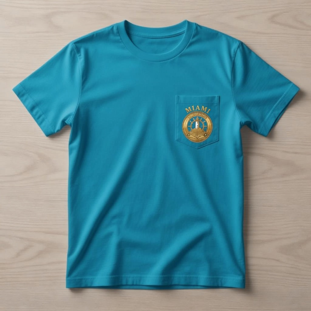 Miami Yacht Club turquoise pocket t-shirt front with gold MIAMI lettering and gold chest pocket crest logo