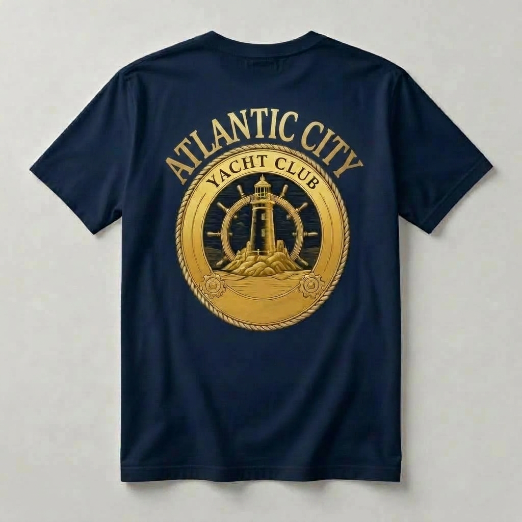 Atlantic City Yacht Club navy t-shirt back with oversized all-gold ATLANTIC CITY YACHT CLUB lighthouse ship's wheel medallion graphic