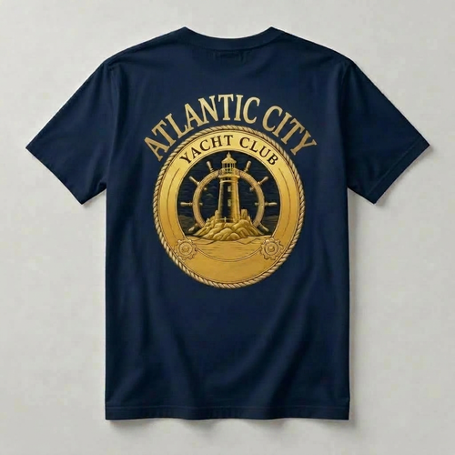 Atlantic City Yacht Club navy t-shirt back with oversized all-gold ATLANTIC CITY YACHT CLUB lighthouse ship's wheel medallion graphic