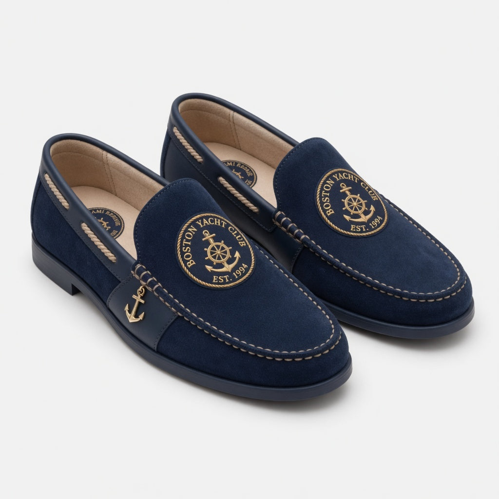 Boston Yacht Club deep navy suede nautical loafer with gold embroidered anchor medallion and gold anchor charm