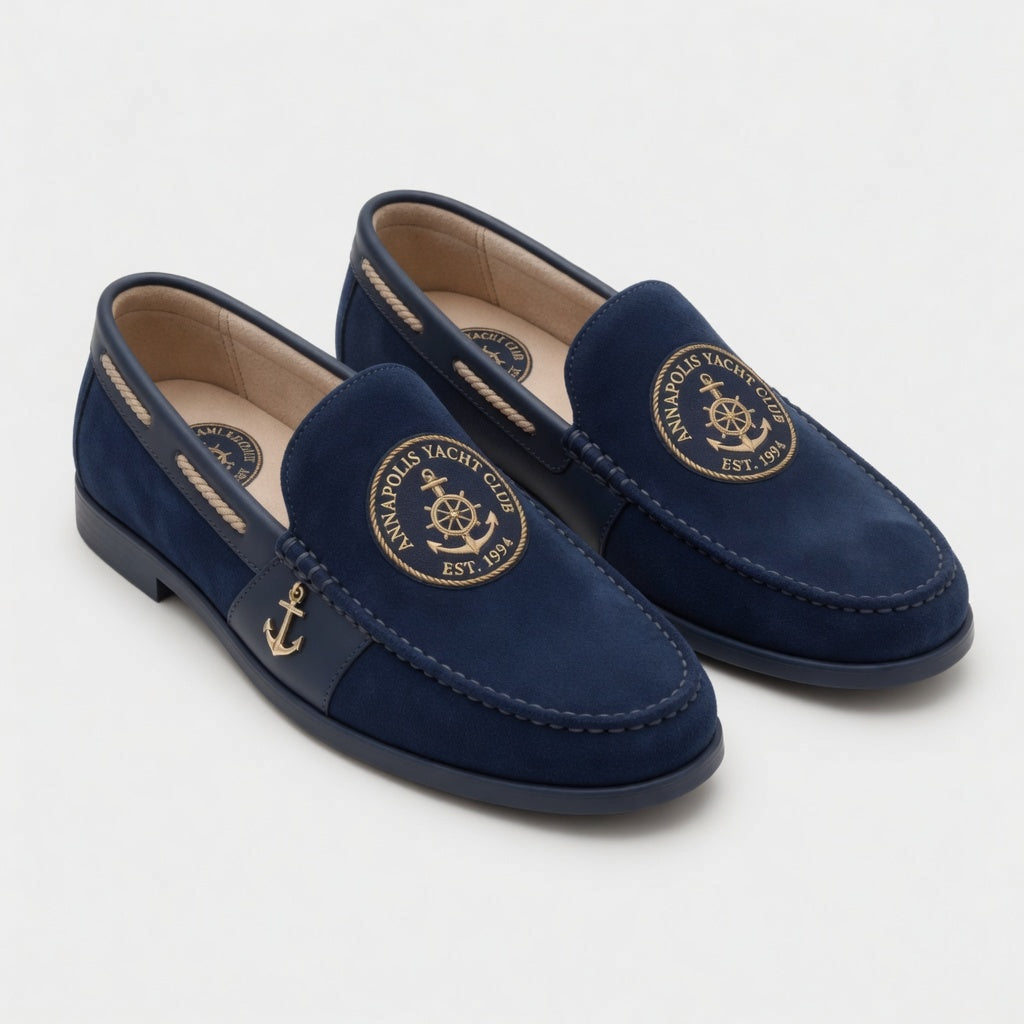 Annapolis Yacht Club deep navy suede nautical loafer with gold embroidered anchor medallion and gold anchor charm