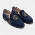 Jersey Shore Yacht Club deep navy suede nautical loafer with gold embroidered anchor medallion and gold anchor charm