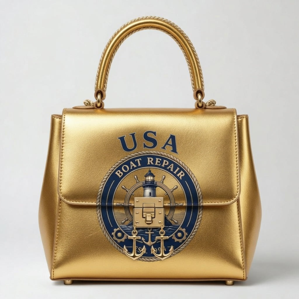 USA Boat Repair gold metallic nautical handbag with gold hardware and branded crest