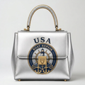 USA Boat Repair silver metallic nautical handbag with gold hardware and branded crest