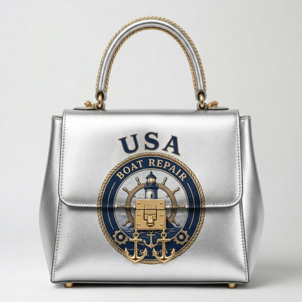 USA Boat Repair silver metallic nautical handbag with gold hardware and branded crest