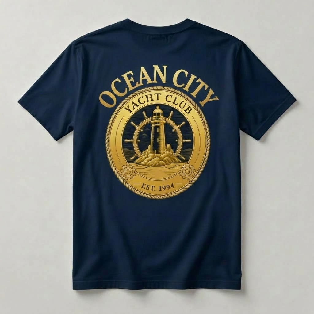 Ocean City Yacht Club navy t-shirt back with oversized all-gold OCEAN CITY YACHT CLUB lighthouse ship's wheel medallion graphic Est. 1994