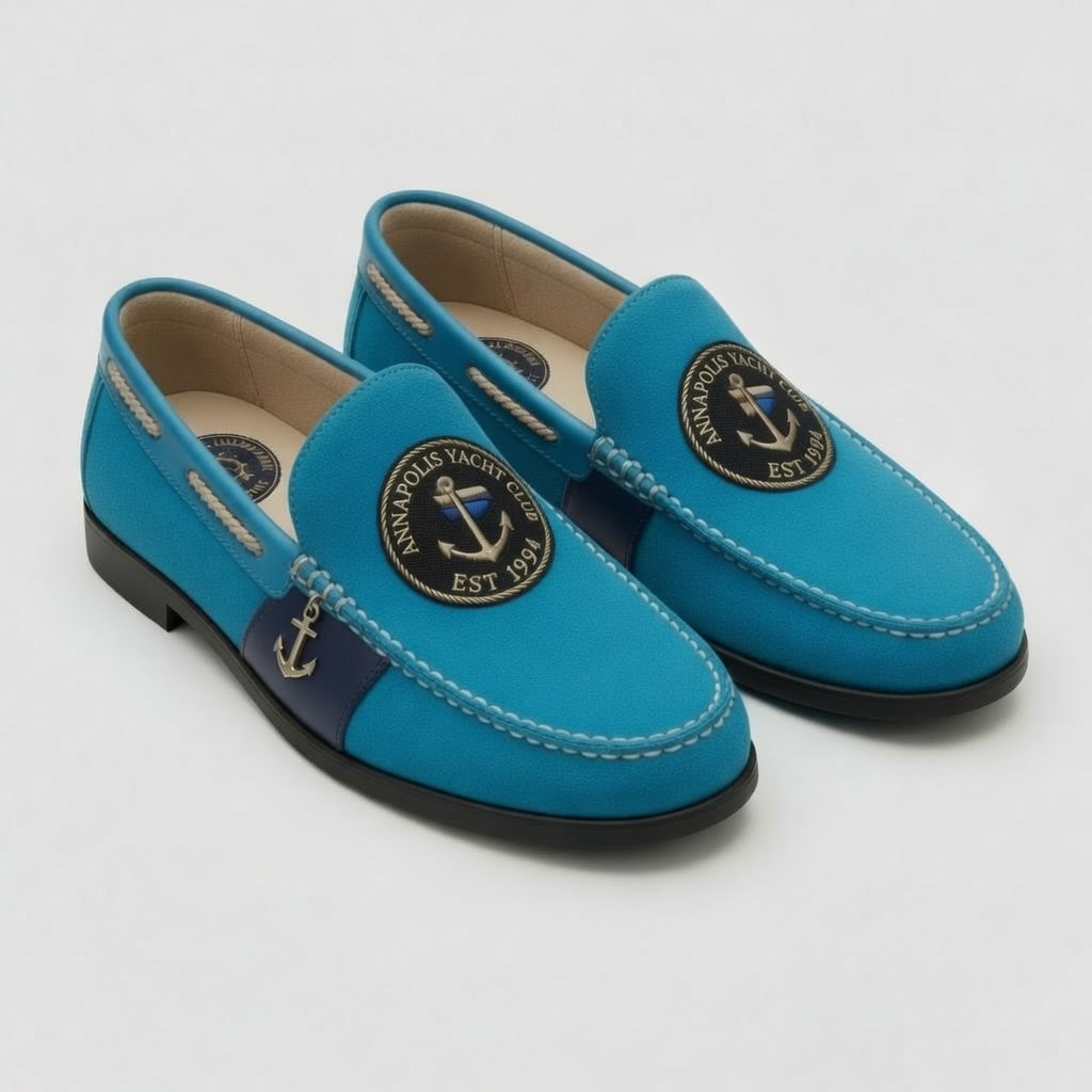 Annapolis Yacht Club turquoise leather nautical loafer with navy trim and gold anchor medallion crest and silver anchor charm