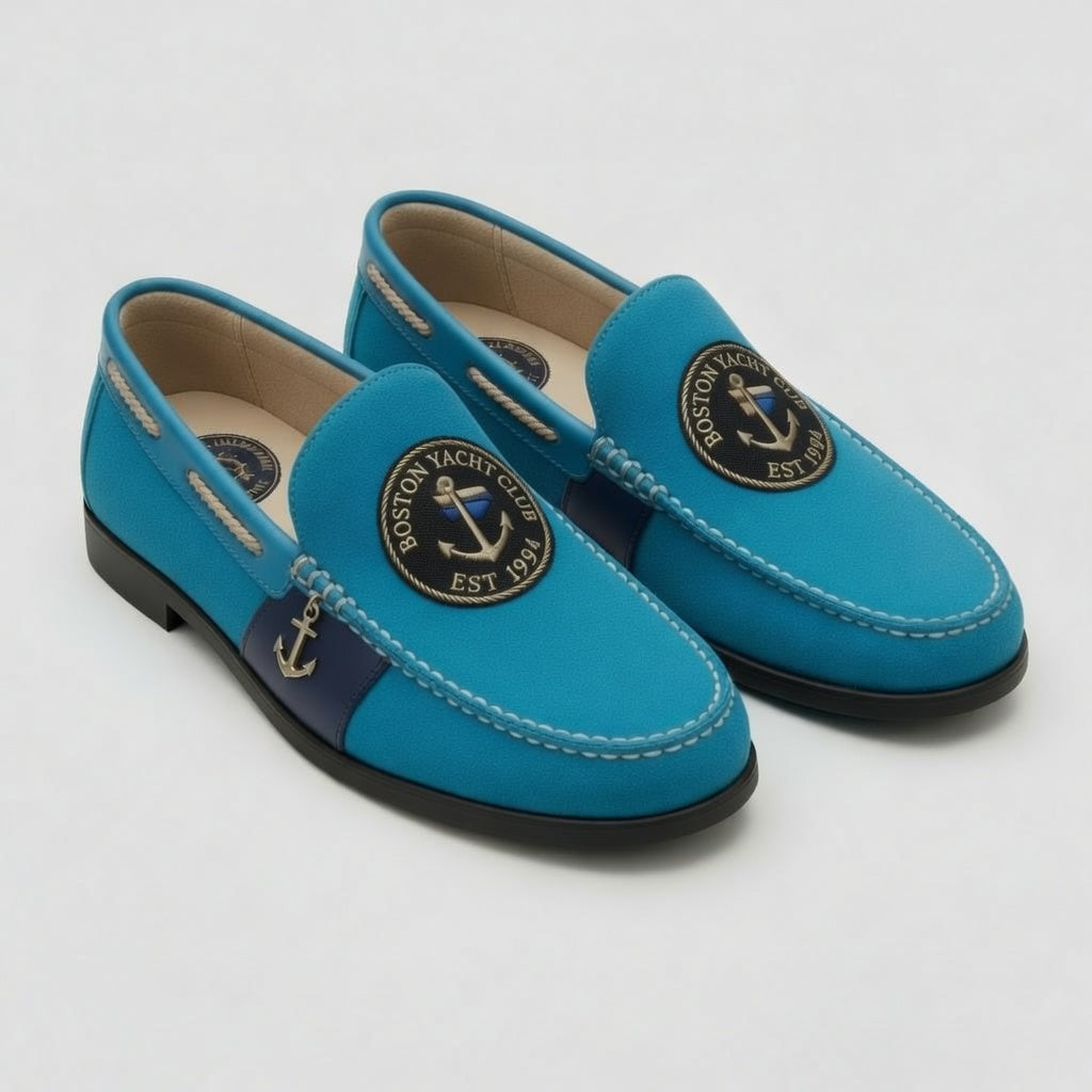 Boston Yacht Club turquoise leather nautical loafer with navy trim and gold anchor medallion crest and silver anchor charm