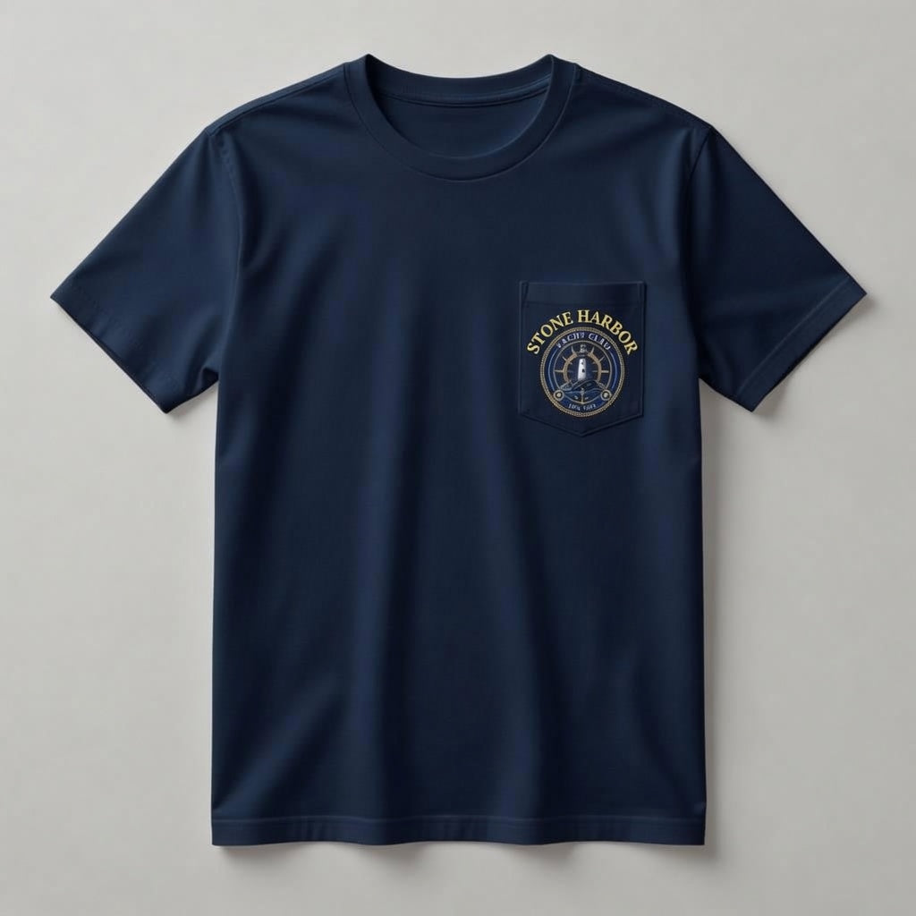 Stone Harbor Yacht Club navy pocket t-shirt front with gold STONE HARBOR lettering and gold chest pocket crest logo